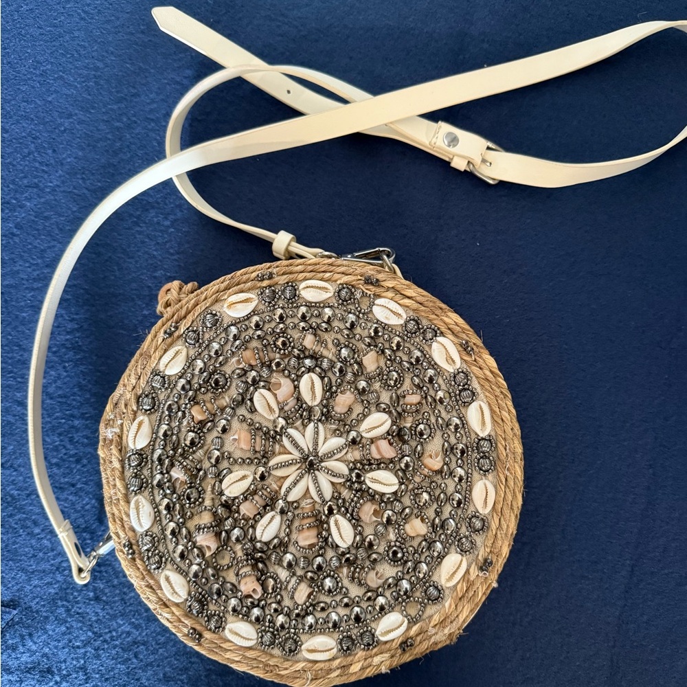 Beaded Round Straw Crossbody Bag